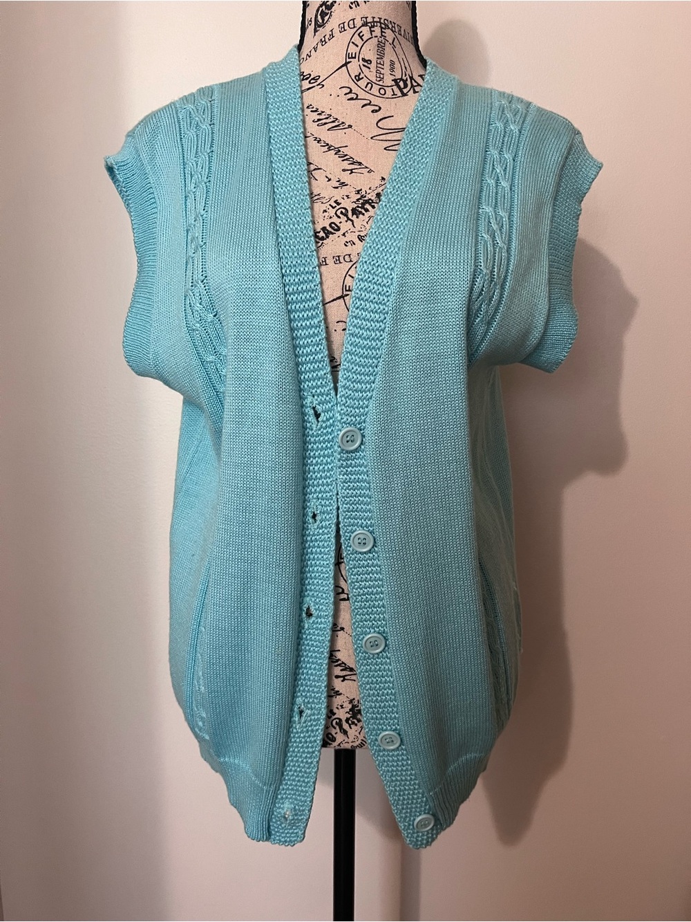 Vintage Aqua Blue Knit Sweater Vest Cable Detail Button Front Medium/Large